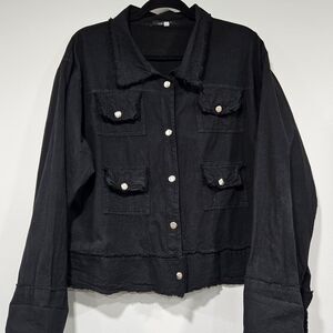 Chic Black Denim Jacket with Button Details